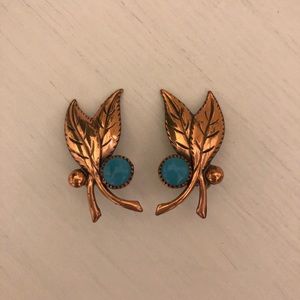 Feather bronzed & turquoise clip on earrings